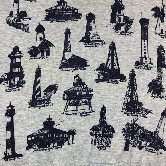 Vintage 90s Light Houses All Over Print AOP Crewneck Gray Sweatshirt Size Large - Picture 5 of 10